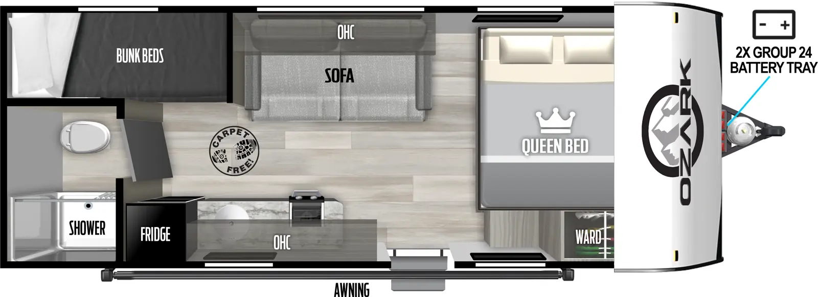 The 1620BHLE has zero slideouts and one entry. Exterior features 2X group 24 battery tray, and awning. Interior layout front to back: side-facing queen bed with wardrobe on the door side; off-door side booth dinette with overhead cabinet; door side entry, kitchen counter with sink, overhead cabinet, cooktop, and refrigerator; rear off-door side bunk beds; rear door side bathroom with toilet and shower only. Carpet Free Interior.
